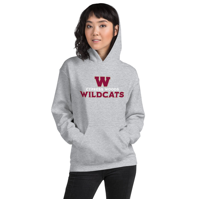 Woman wearing Cypress Woods High School Wildcats Heather Grey Classic Unisex Hoodie 233