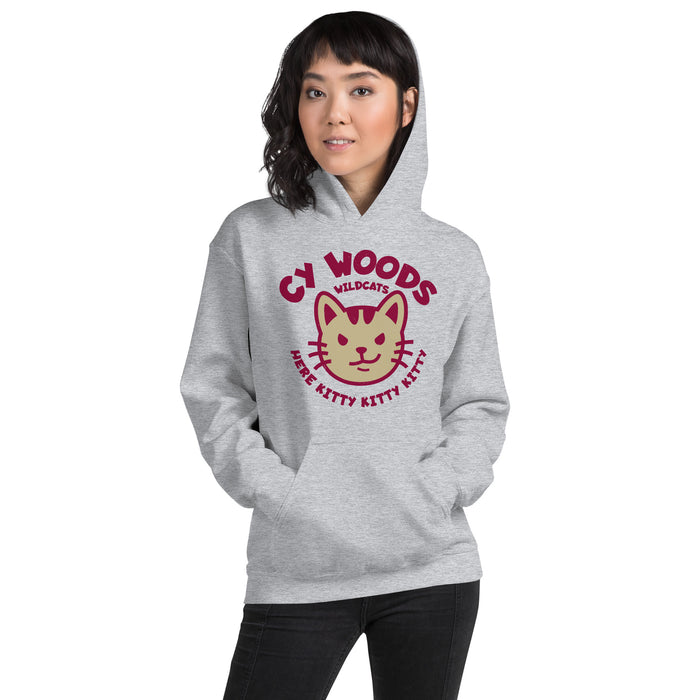 Woman wearing Cypress Woods High School Wildcats Heather Grey Classic Unisex Hoodie 228