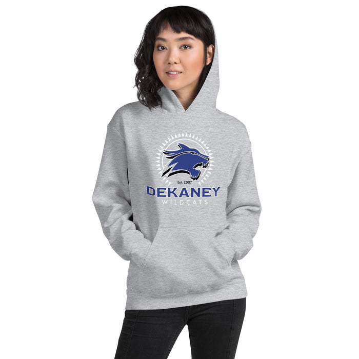 Woman wearing Dekaney High School Wildcats Heather Grey Classic Unisex Hoodie 226