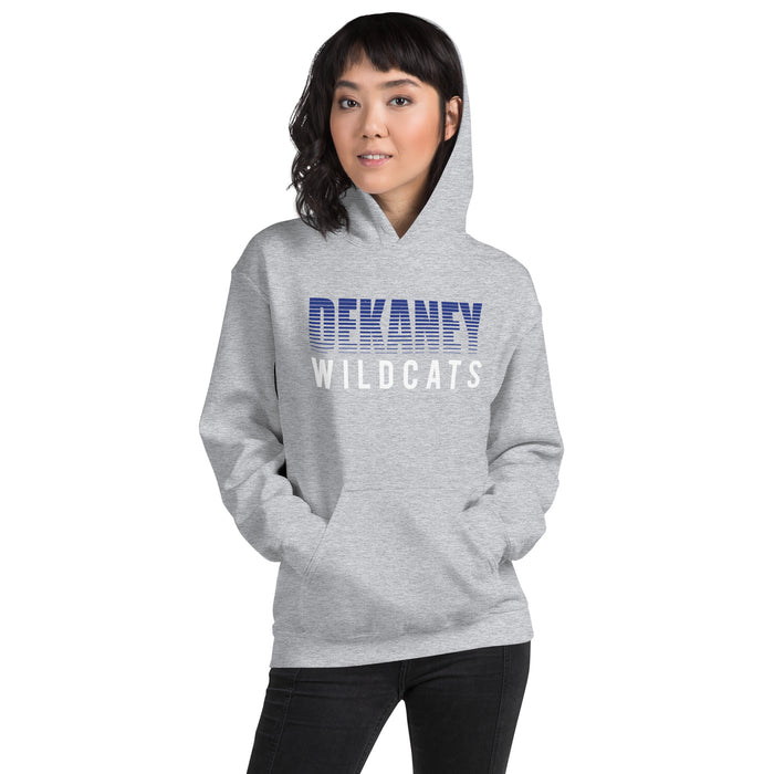 Woman wearing Dekaney High School Wildcats Heather Grey Classic Unisex Hoodie 024