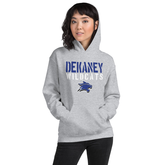 Woman wearing Dekaney High School Wildcats Heather Grey Classic Unisex Hoodie 017