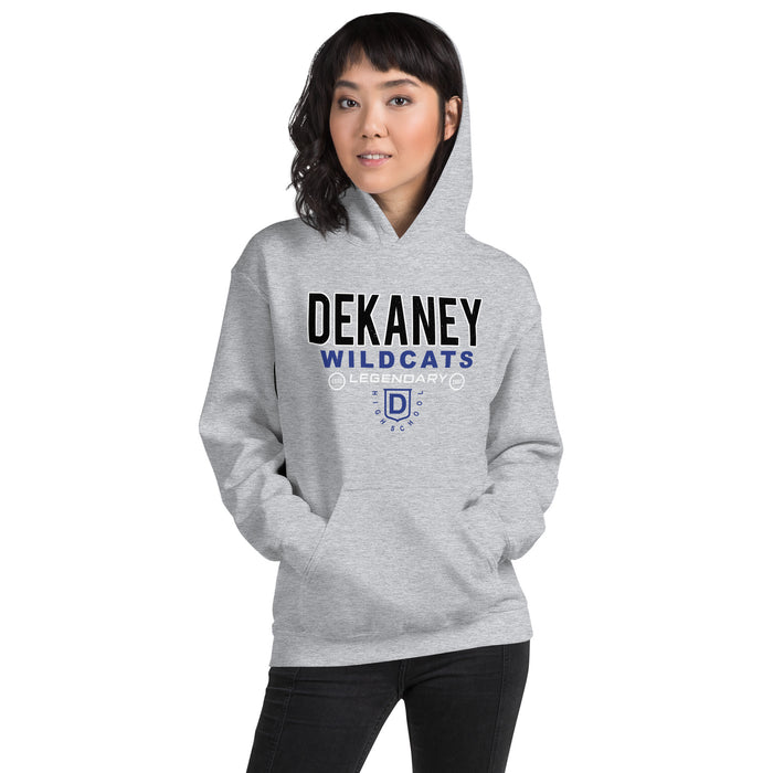 Woman wearing Dekaney High School Wildcats Heather Grey Classic Unisex Hoodie 003