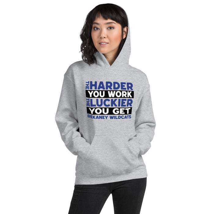 Woman wearing Dekaney High School Wildcats Heather Grey Classic Unisex Hoodie 238