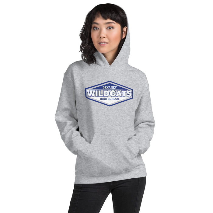 WOman wearing Dekaney High School Wildcats Heather Grey Classic Unisex Hoodie 009