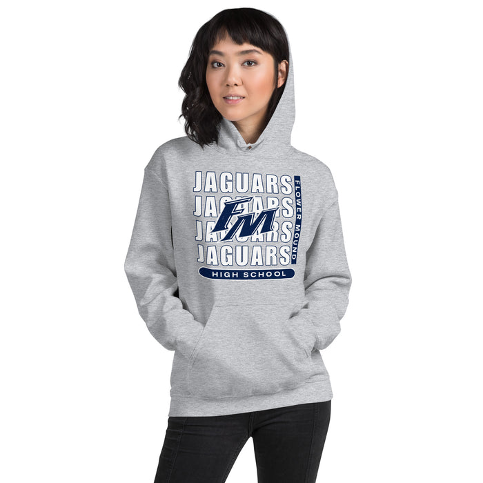 Woman wearing Flower Mound High School Jaguars Sport Grey Classic Unisex Hoodie 235