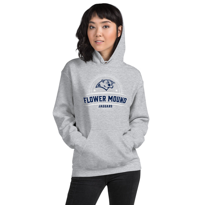 Woman wearing Flower Mound High School Jaguars Sport Grey Classic Unisex Hoodie 221