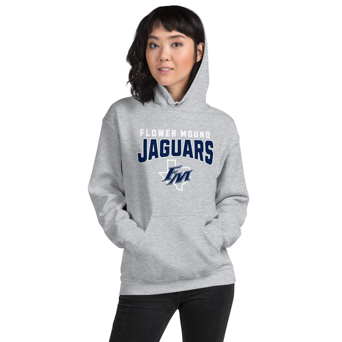 Woman wearing Flower Mound High School Jaguars Sport Grey Classic Unisex Hoodie 234