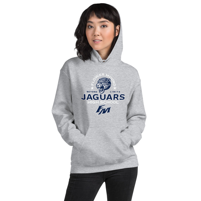 Woman wearing Flower Mound High School Jaguars Sport Grey Classic Unisex Hoodie 222