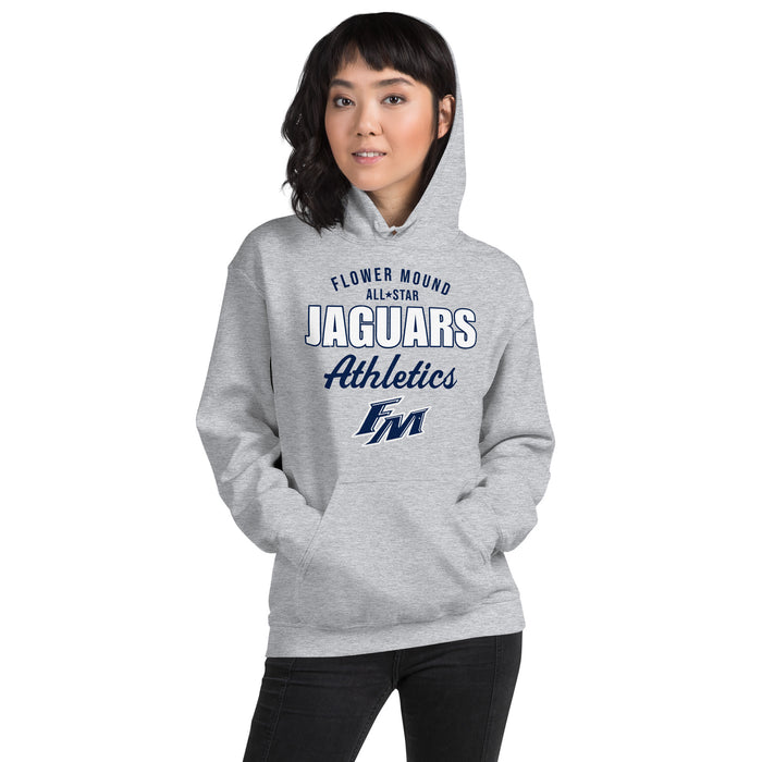 Woman wearing Flower Mound High School Jaguars Sport Grey Classic Unisex Hoodie 034