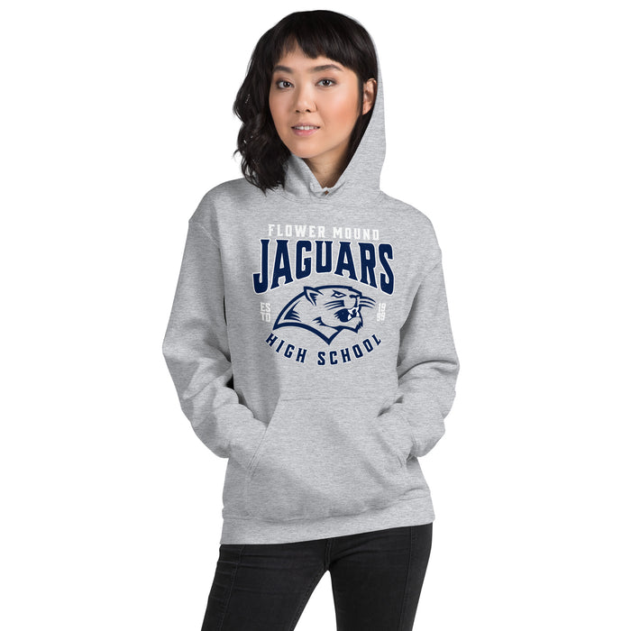 Woman wearing Flower Mound High School Jaguars Sport Grey Classic Unisex Hoodie 213