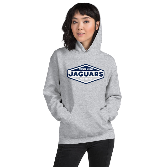 Woman wearing Flower Mound High School Jaguars Sport Grey Classic Unisex Hoodie 009