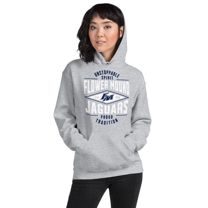 Woman wearing Flower Mound High School Jaguars Sport Grey Classic Unisex Hoodie 210
