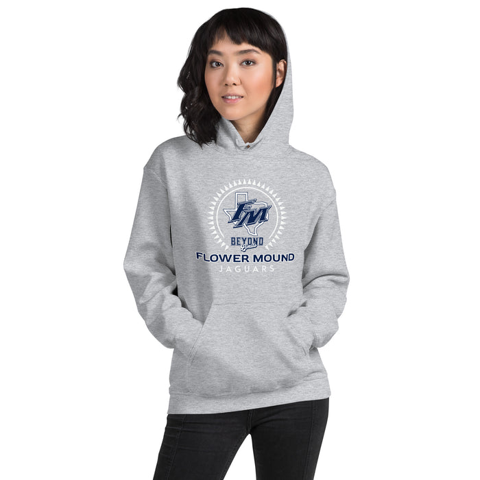 Woman wearing Flower Mound High School Jaguars Sport Grey Classic Unisex Hoodie 219