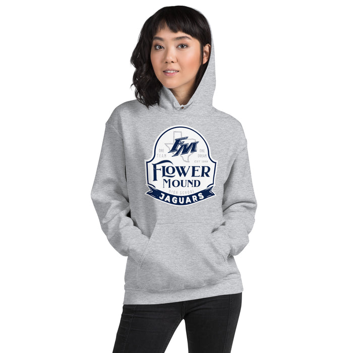 Woman wearing Flower Mound High School Jaguars Sport Grey Classic Unisex Hoodie 219