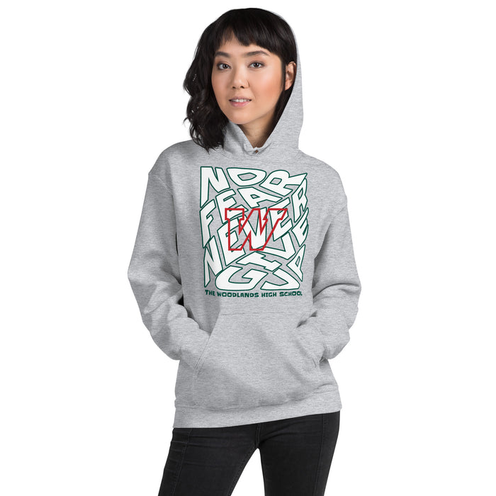 Woman wearing The Woodlands High School Highlanders Sport Grey Classic Unisex Hoodie 236