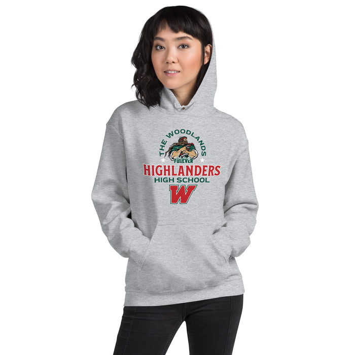 Woman wearing The Woodlands High School Highlanders Sport Grey Classic Unisex Hoodie 222