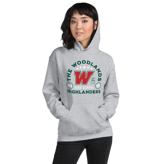 Woman wearing The Woodlands High School Highlanders Sport Grey Classic Unisex Hoodie 208