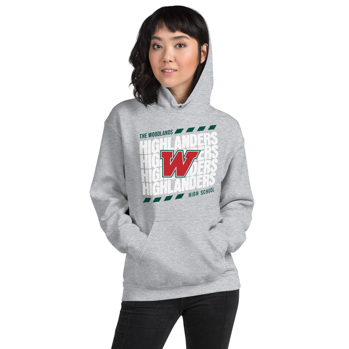 Woman wearing The Woodlands High School Highlanders Sport Grey Classic Unisex Hoodie 223