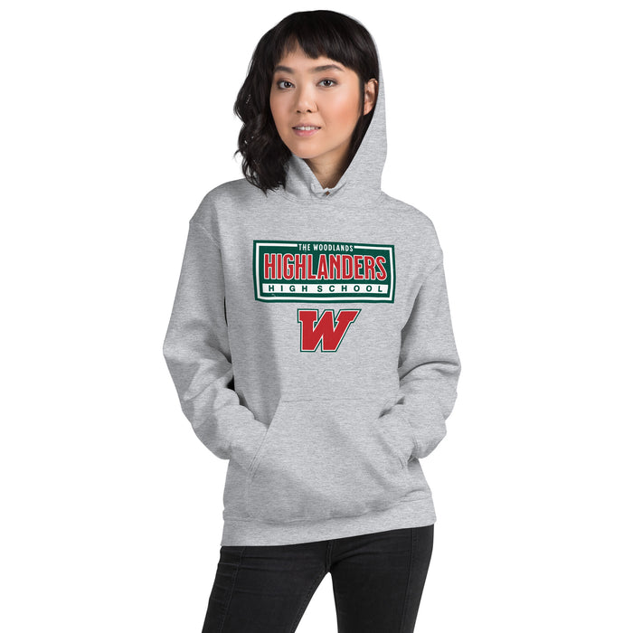 Woman wearing The Woodlands High School Highlanders Sport Grey Classic Unisex Hoodie 049