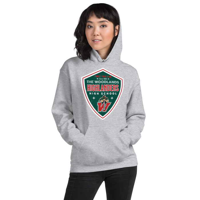 Woman wearing The Woodlands High School Highlanders Sport Grey Classic Unisex Hoodie 225