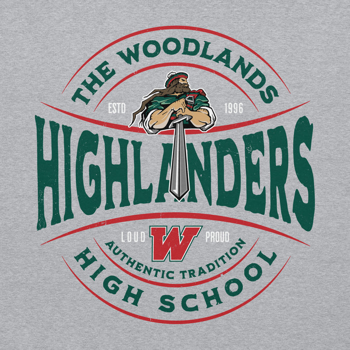 Close-up view of The Woodlands High School Highlanders Sport Grey Classic Unisex Hoodie 218