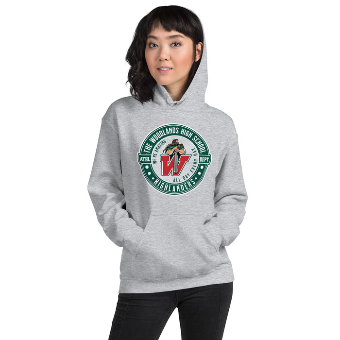 Woman wearing The Woodlands High School Highlanders Sport Grey Classic Unisex Hoodie 224