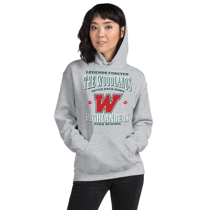 Woman wearing The Woodlands High School Highlanders Sport Grey Classic Unisex Hoodie 230