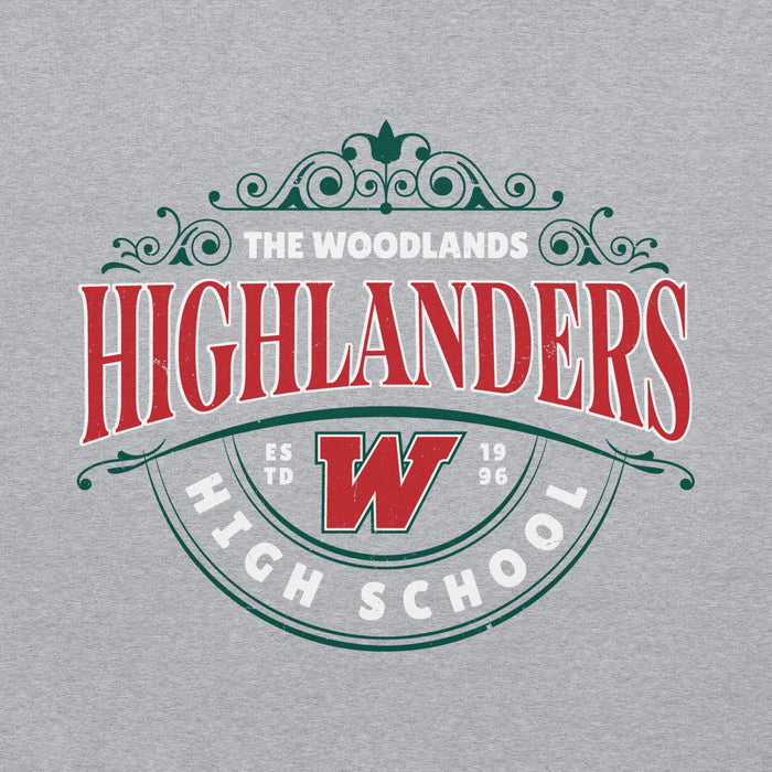 Close-up view of The Woodlands High School Highlanders Sport Grey Classic Unisex Hoodie 211