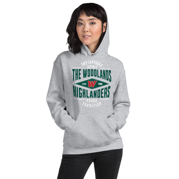 Woman wearing The Woodlands High School Highlanders Sport Grey Classic Unisex Hoodie 210