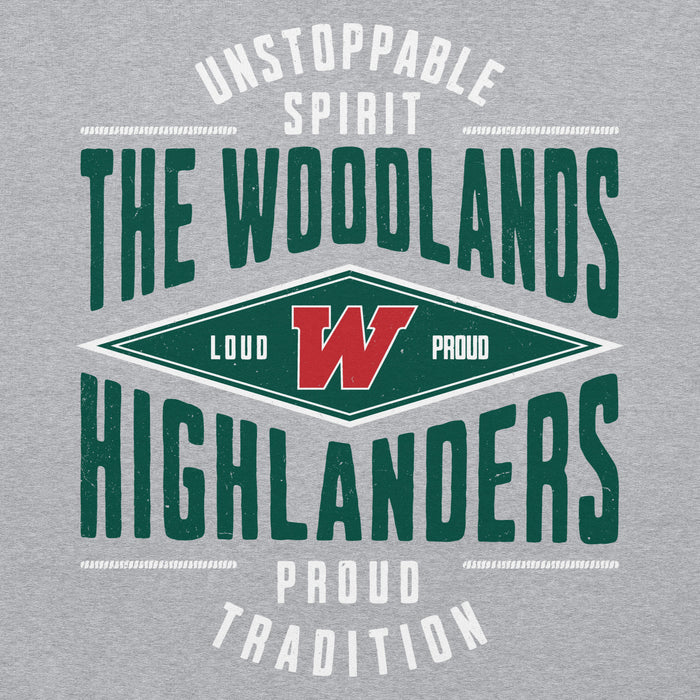 Close-up view of The Woodlands High School Highlanders Sport Grey Classic Unisex Hoodie 210