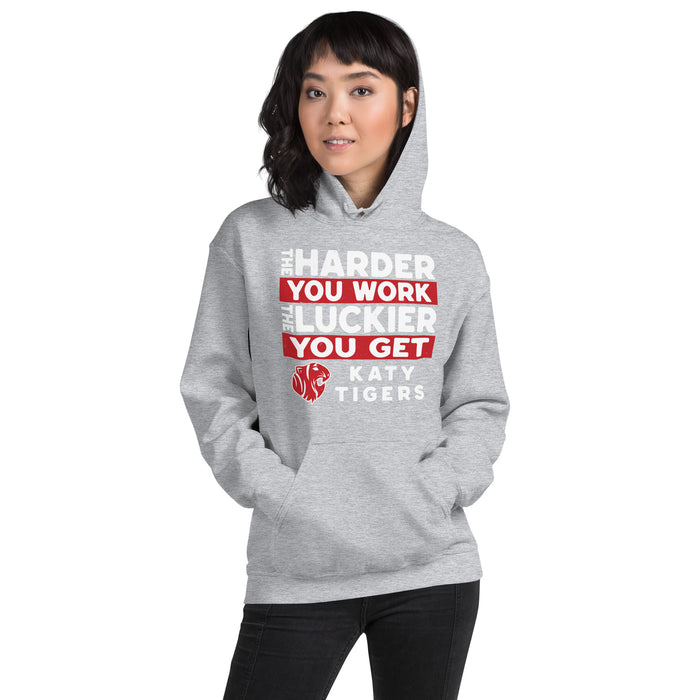Woman wearing Katy High School Tigers Sport Grey Classic Unisex Hoodie 238