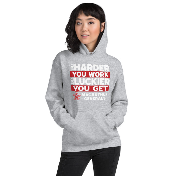Woman wearing MacArthur High School Generals Grey Classic Unisex Hoodie 238