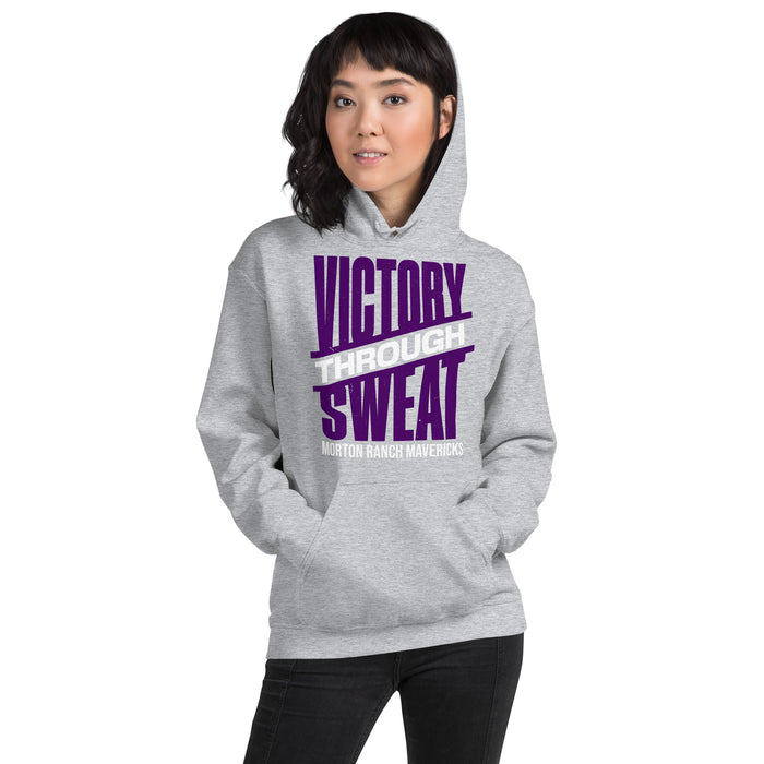 Woman wearing Morton Ranch High School Mavericks Grey Classic Unisex Hoodie 241