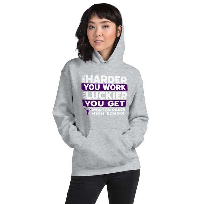 Woman wearing Morton Ranch High School Mavericks Grey Classic Unisex Hoodie 238