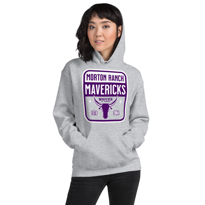 Woman wearing Morton Ranch High School Mavericks Grey Classic Unisex Hoodie 001