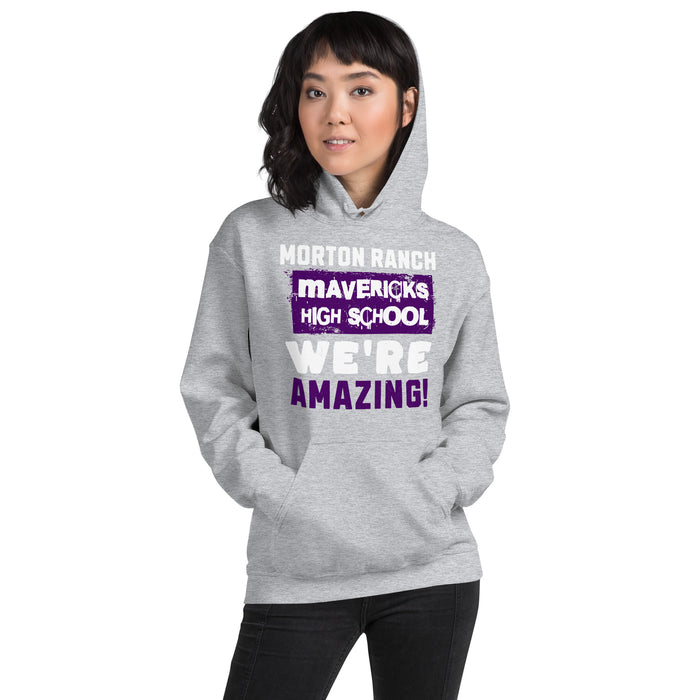 Woman wearing Morton Ranch High School Mavericks Grey Classic Unisex Hoodie 231