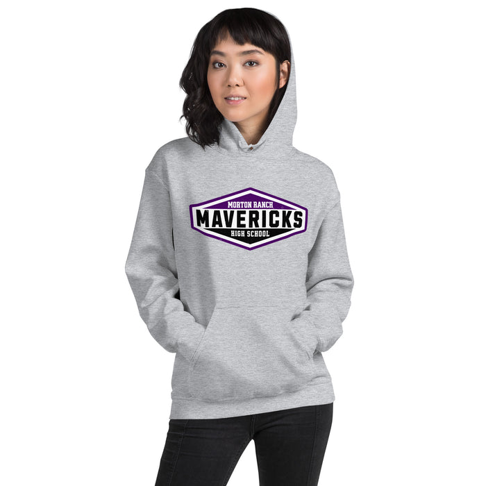 Woman wearing Morton Ranch High School Mavericks Grey Classic Unisex Hoodie 009