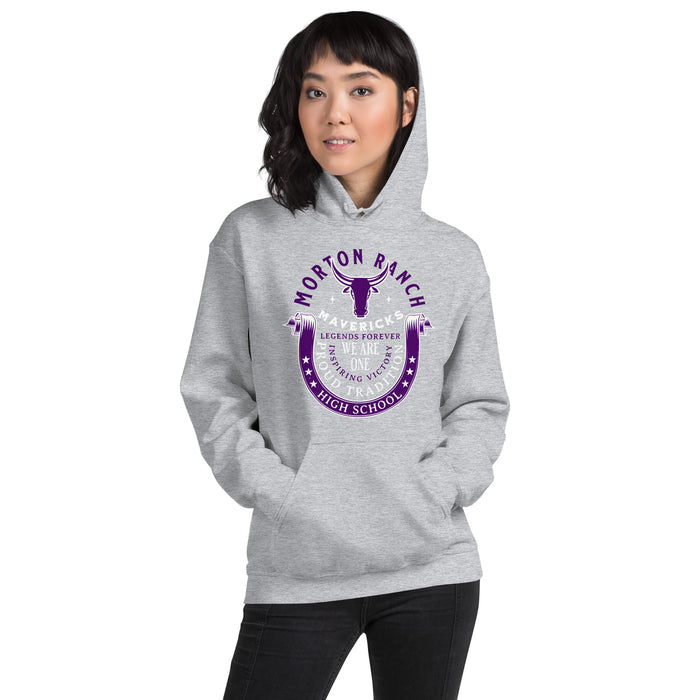 Woman wearing Morton Ranch High School Mavericks Grey Classic Unisex Hoodie 229
