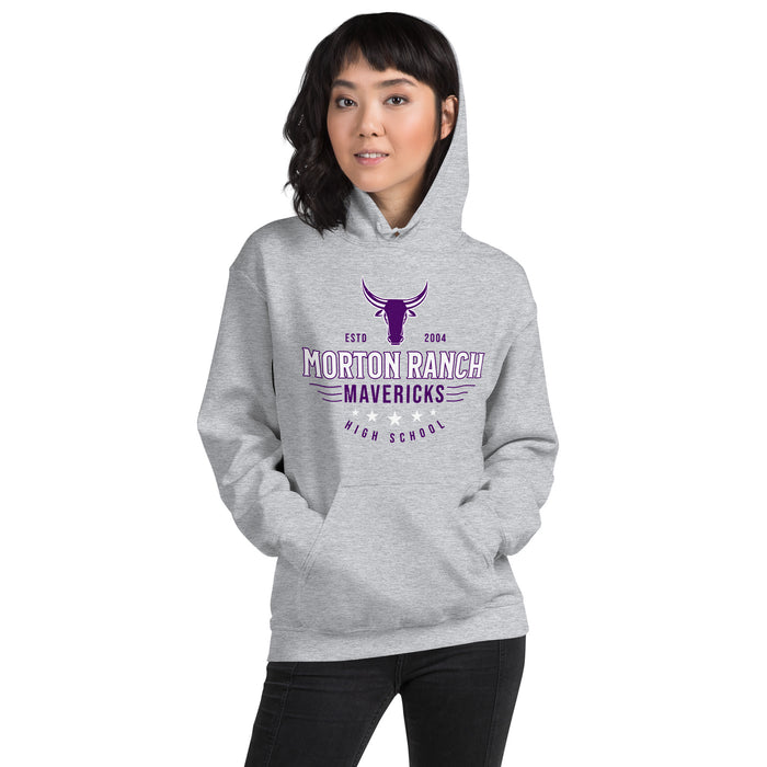 Woman wearing Morton Ranch High School Mavericks Grey Classic Unisex Hoodie 217
