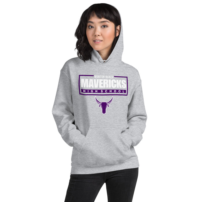 Woman wearing Morton Ranch High School Mavericks Grey Classic Unisex Hoodie 049