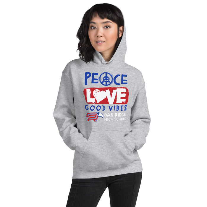 Woman wearing Oak Ridge High School War Eagles Grey Classic Unisex Hoodie 240