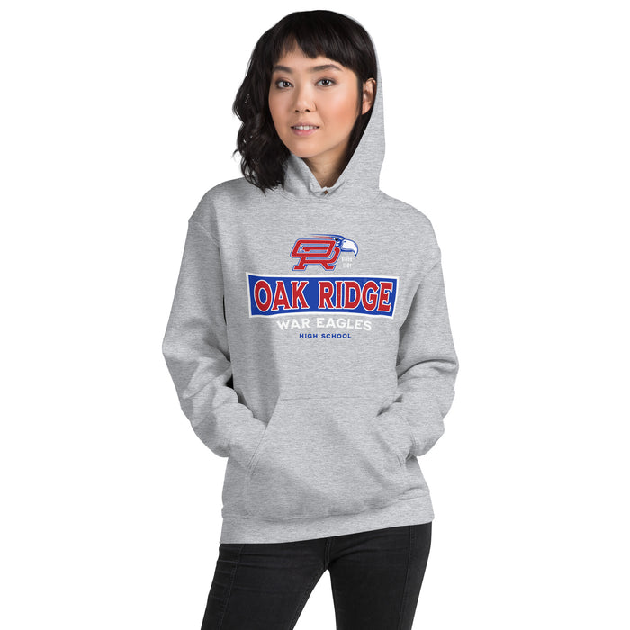 Woman wewaring Oak Ridge High School War Eagles Grey Classic Unisex Hoodie 202