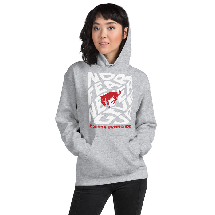 Woman wearing Odessa High School Bronchos Grey Classic Unisex Hoodie 236