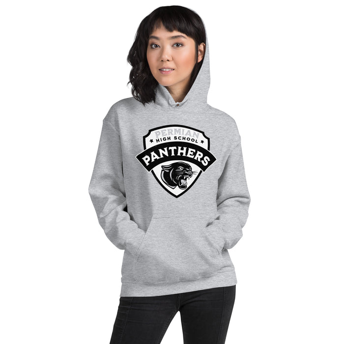 Woman wearing Permian High School Panthers Grey Classic Unisex Hoodies 221
