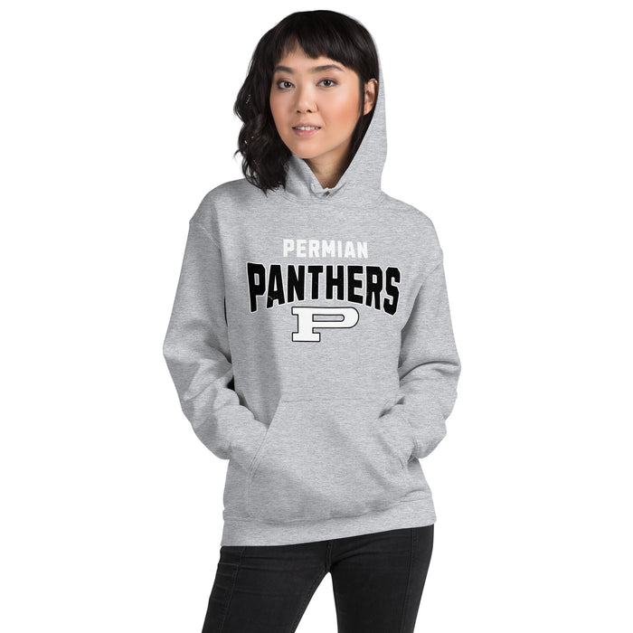 Woman wearing Permian High School Panthers Grey Classic Unisex Hoodies 234