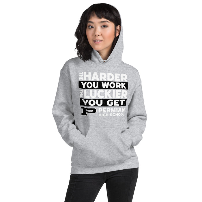 Woman wearing Permian High School Panthers Grey Classic Unisex Hoodies 238