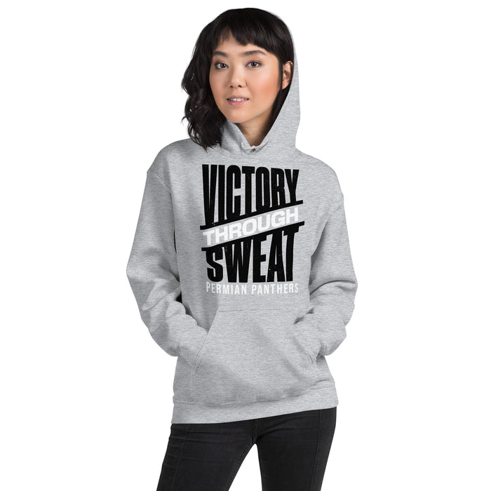 Woman wearing Permian High School Panthers Grey Classic Unisex Hoodies 241