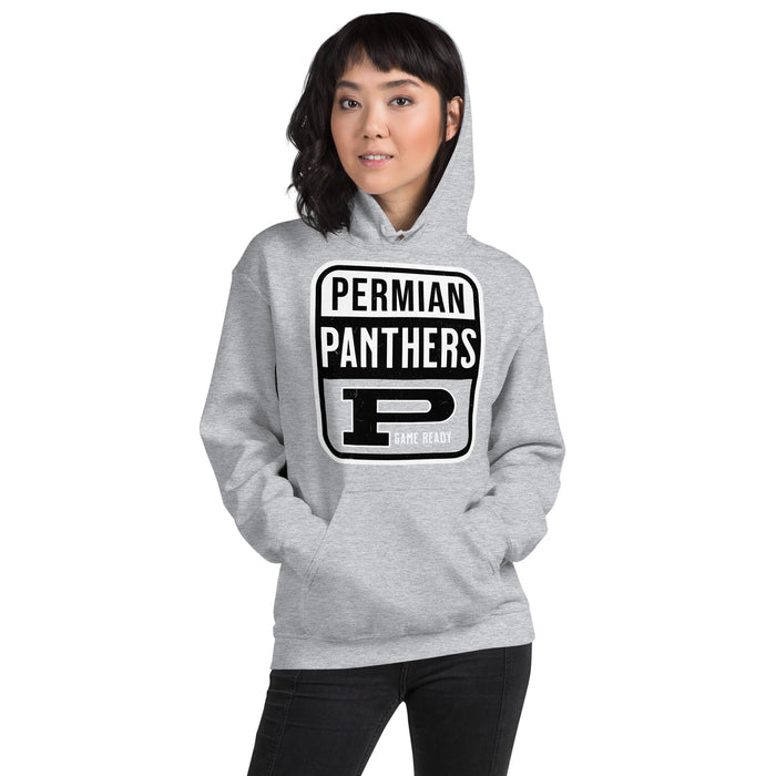 Woman wearing Permian High School Panthers Grey Classic Unisex Hoodie 001