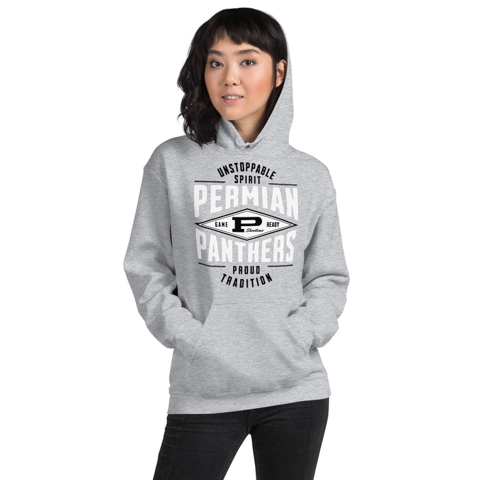 Woman wearing Permian High School Panthers Grey Classic Unisex Hoodie 210