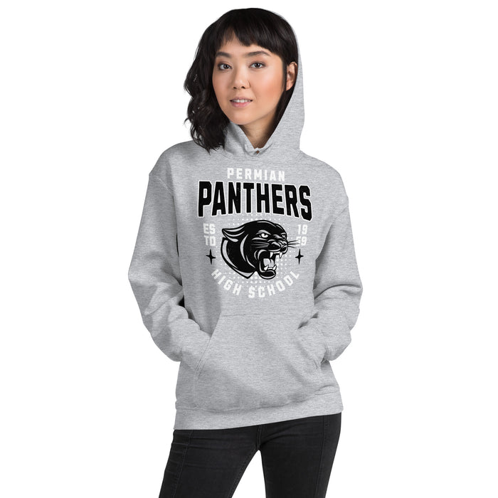 Woman wearing Permian High School Panthers Grey Classic Unisex Hoodie 204